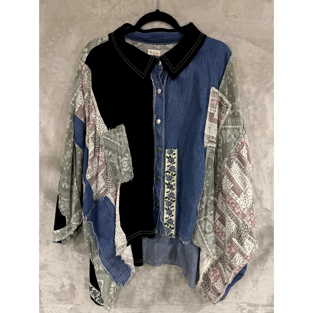 POL Mixed Patchwork Button Down Boho Oversized Eclectic Shacket Top Size Large